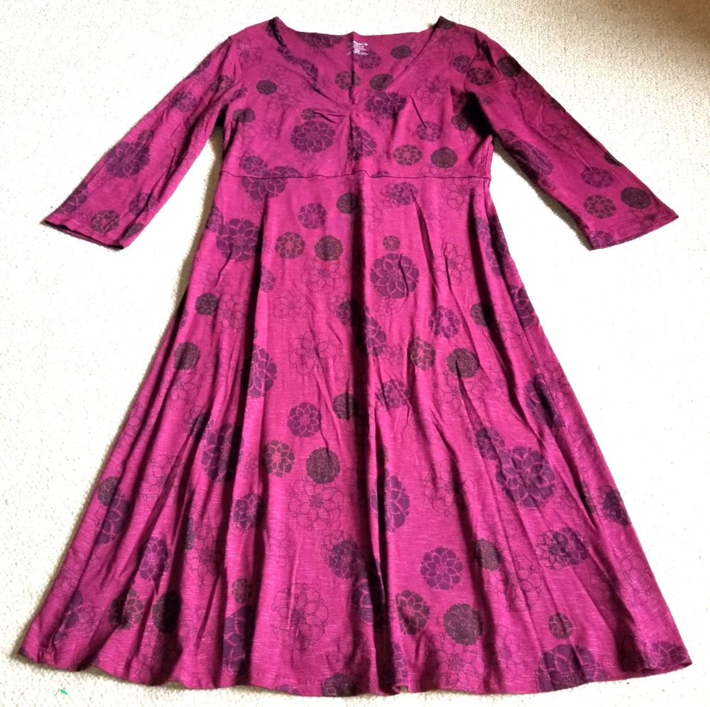 Womens Dress-TOAD&CO-maroon/purp floral "Rosalinda" organic cotton/tencel knit-M